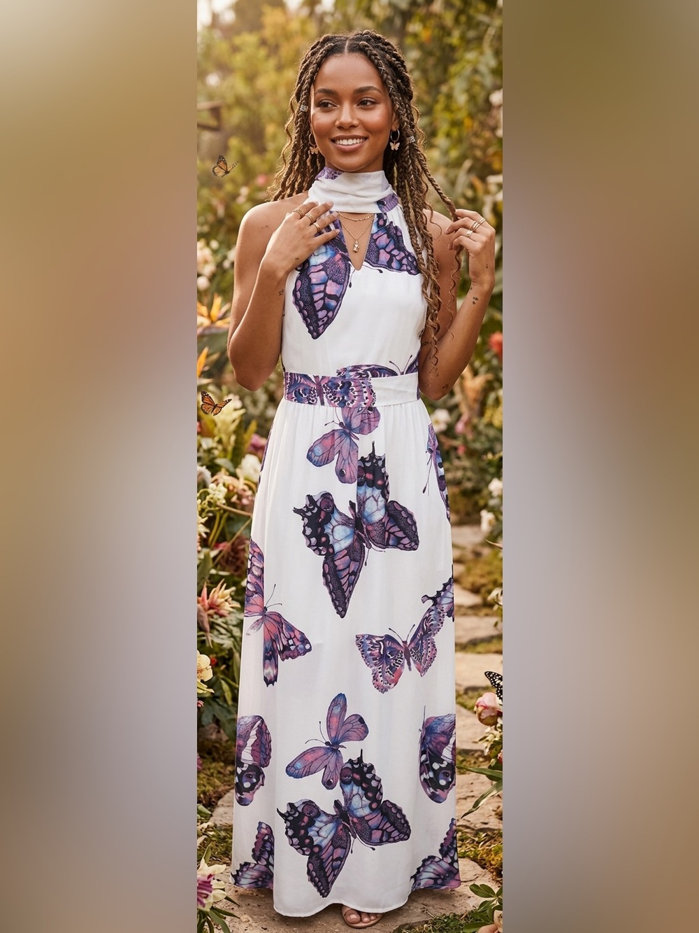 New York & Company White Maxi Dress with Purple Butterfly Print